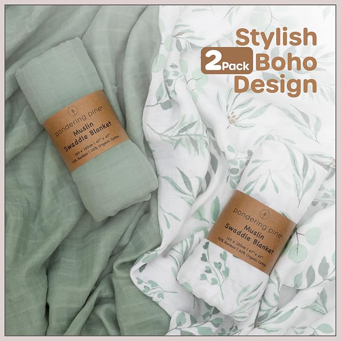 Organic Baby Muslin Swaddle Blankets for Boy or Girl - Eucalyptus Leaves and Sage Swaddling Blanket 2 Pack - Soft Muslin, XLarge and Breathable, Boho Baby, 47" X 47"