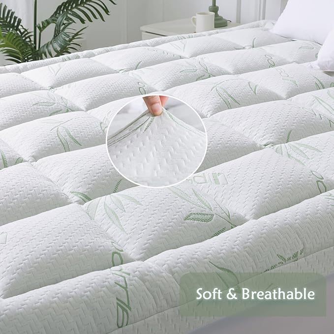 WhatsBedding King Mattress Topper, Soft Pillow Top Mattress Topper with Deep Pocket Fits 8–21 Inch,7D Spiral Fiber Filling, Bamboo Viscose Air Layer Mattress Topper King.