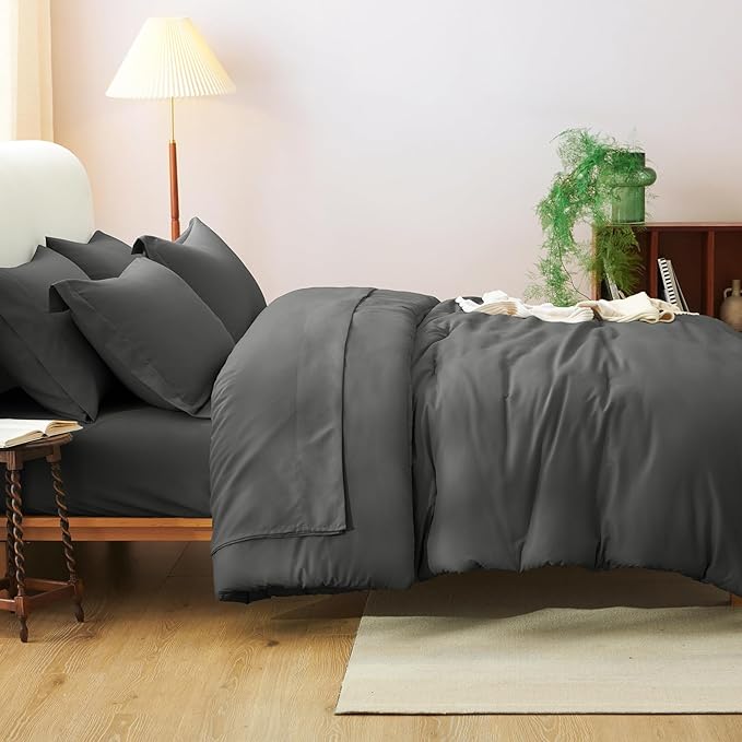 CozyLux King Size Comforter Set Dark Grey, 7 Pieces Bed in a Bag King Comforter Set with Sheets, Bedding Set with Down Alternative Comforter, Fitted Sheets, Flat Sheets, Pillow Shams and Pillowcases