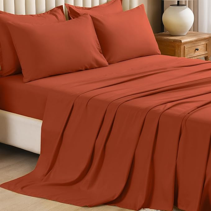 Litanika Burnt Orange Comforter California King Size Set - 7 Pieces Terracotta Bed in a Bag California King Bedding Comforter Sets, Plain Lightweight Bed Set