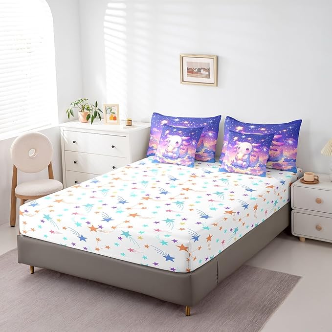 Feelyou Kids Cute Axolotl Bed in A Bag Full Size, Galaxy 7 Pieces Bedding Set Boys Girls Cartoon Salamander Comforter Set with Sheets Kawaii Animal Teens Bed Set Bedroom Decor 7Pcs