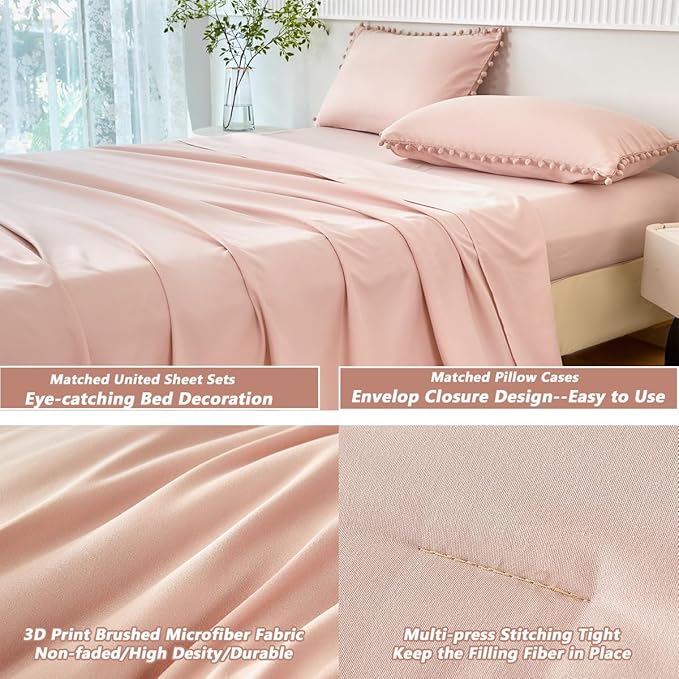 PERFEMET Blush Twin Bed in A Bag for Girls 5 Pcs Boho Pom Pom Bed Comforter Set with Sheets Soft Lightweight Pink Plain Bedding for Kids Teens(Blush, Twin)