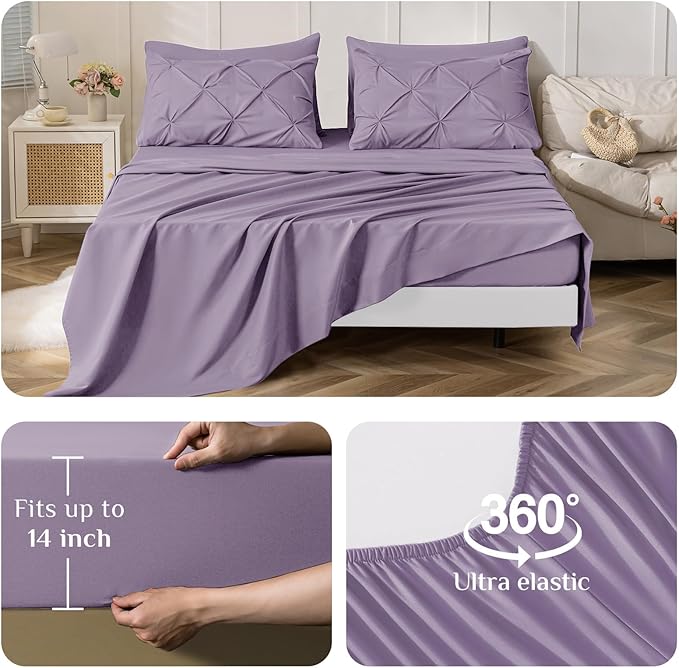 JOLLYVOGUE King Size Comforter Set 7 Pieces - Bed in a Bag King for All Season, Pintuck Bedding Comforter Sets with Comforter, Flat Sheet, Fitted Sheet and Pillowcases & Shams, Purple