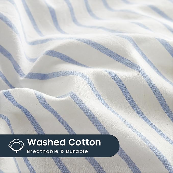 Wake In Cloud - Striped Cotton Duvet Cover Set, Ticking Stripe Vertical Pinstripe Farmhouse, 100% Washed Cotton Textured Percale Bedding Set, 3 Pieces, Blue White, Full Size