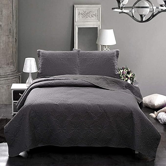 JML Quilts Set, Bedspread Coverlet Set with Pillowcases - 3 Piece Soft and Lightweight Bed Quilt for Spring, Autumn and Summer (Embossed Pattern - Dark Grey, Full/Queen(88"x92"))