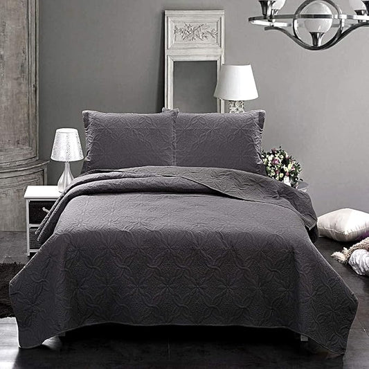 JML Quilts Set, Bedspread Coverlet Set with Pillowcases - 3 Piece Soft and Lightweight Bed Quilt for Spring, Autumn and Summer (Embossed Pattern - Dark Grey, Full/Queen(88"x92"))