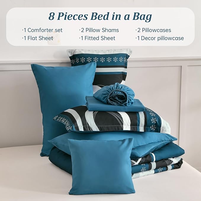 Anibedding Comforter Set Queen Size, 8 Piece Teal Boho Bed in a Bag, Striped Patchwork Comforter Bedding Set for All Season(90"×90")