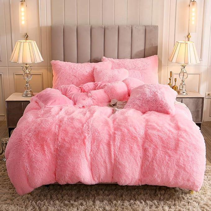 Uhamho Faux Fur Velvet Fluffy Bedding Duvet Cover Set Down Comforter Quilt Cover with Pillow Sham, Ultra Soft Warm (Twin, Pink)