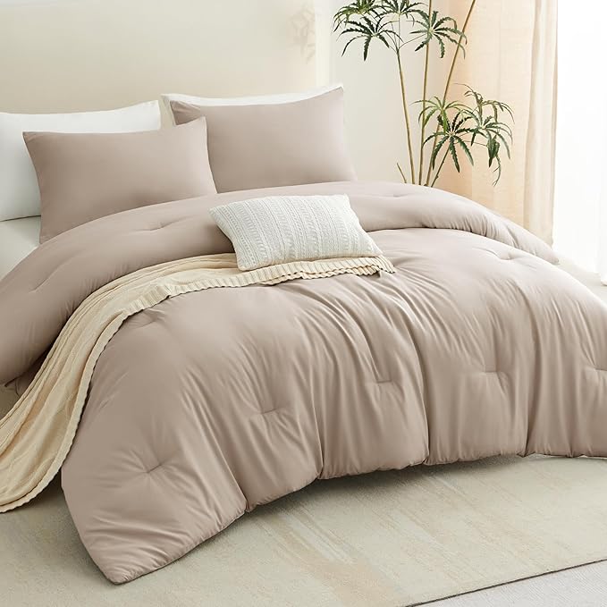 CozyLux King Size Comforter Set Wheat, 3 Pieces Solid Comforters King Size Breathable Quilted Bedding Set, Luxury Soft Bed Sets with Down Alternative Comforter (1 Comforter & 2 Pillowcases)