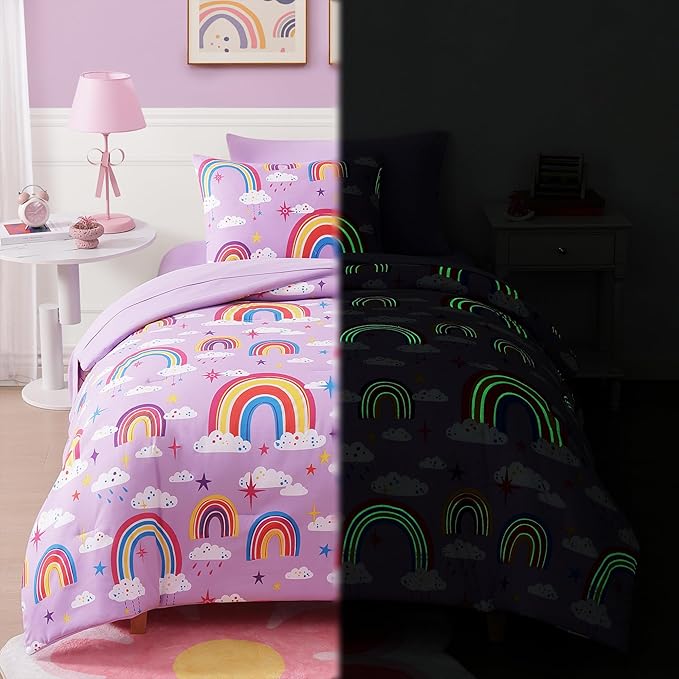 Twin Kids Comforter Set - 5 Pieces Twin Bedding Sets for Girls Teen, Glow in The Dark Purple Rainbow Bed in A Bag with Sheets