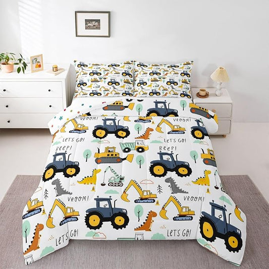 Cartoon Car Kids Comforter Set King, Excavator Tractor Bedding Set for Child Teens, Dinosaur Comforter Equipment Truck Quilted Duvet, Heavy Machinery Construction Bedding Comforter with 2 Pillowcases