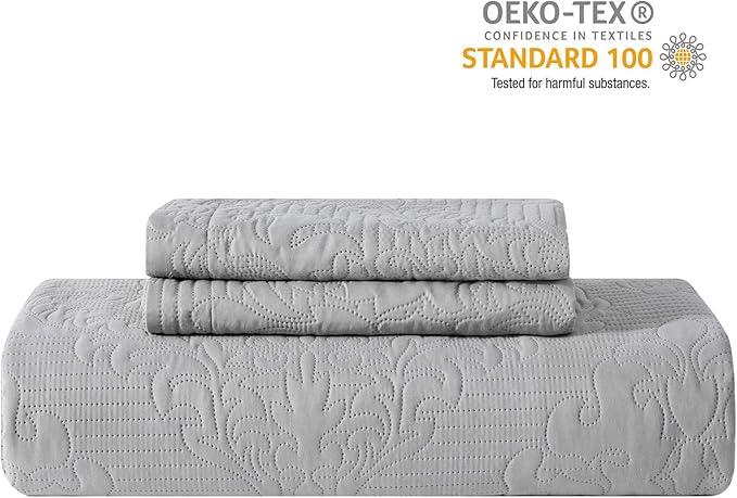 Hansleep Grey Quilt Twin Size - Damask Ultrasonic All Season Bedspread Twin, Soft Lightweight Coverlet Bedding Set, 2 Pieces (1 Quilt, 1 Pillow Sham)