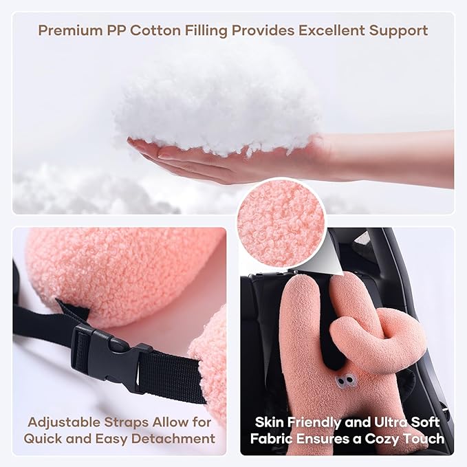 Car Pillow for Kids,H-Shaped Adjustable Travel Neck Pillow for Sleeping,Soft Plush Support for Head & Neck, Long Road Trip Essentials for Boys Girls(Pink)