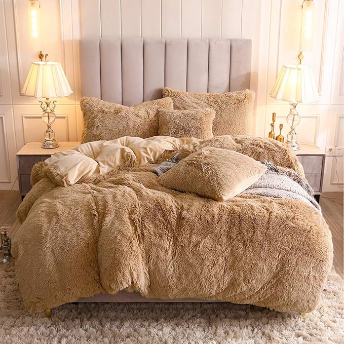 Uhamho Faux Fur Velvet Fluffy Bedding Duvet Cover Set Down Comforter Quilt Cover with Pillow Shams, Ultra Soft Warm (King, Camel)