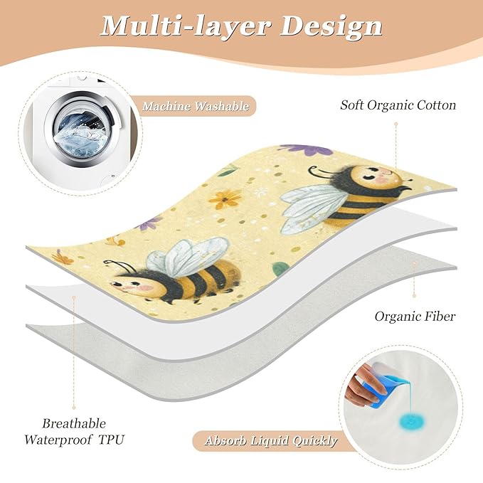 Waterproof Bed Pad Reusable Changing Pad Toddler Mattress Protector Large Pee Pad Baby Diaper Pad Soft Washable Liner Light Yellow Bees Floral Dots