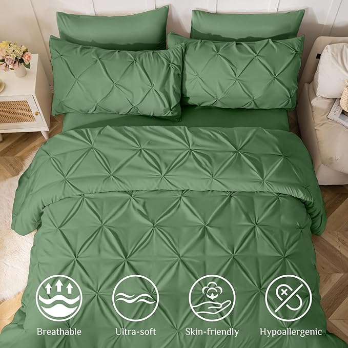 JOLLYVOGUE Queen Comforter Set 7 Pieces - Bed in a Bag Queen for All Season, Pintuck Bedding Comforter Sets with Comforter, Flat Sheet, Fitted Sheet and Pillowcases & Shams, Green