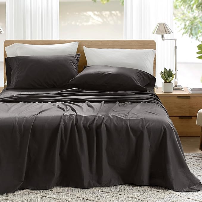 Comfort Spaces 100% Cotton Sheets Twin, Breathable & Ultra Soft Cotton Sheets, Naturally Cool Cotton Bed Sheets with 12" Elastic Pocket Fits up to 14" Mattress, All Season Sheet Set, Black, 3 Piece