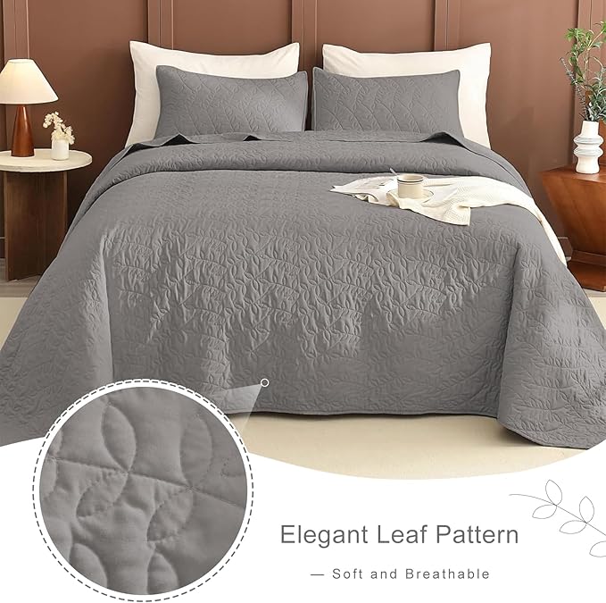 Lady Ann Gray Oversized King Bedspread 120x120, 3Pcs Extra Large Farmhouse Lightweight King Quilt Bedding Set Gray Soft Quilted Leaves Pattern Printed Bedspreads for All Season