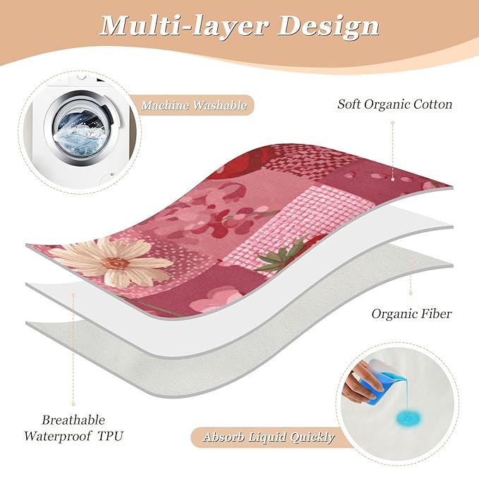 Waterproof Bed Pad Reusable Changing Pad Toddler Mattress Protector Large Pee Pad Baby Diaper Pad Soft Washable Liner Red Checkered Floral Cherry Strawberry