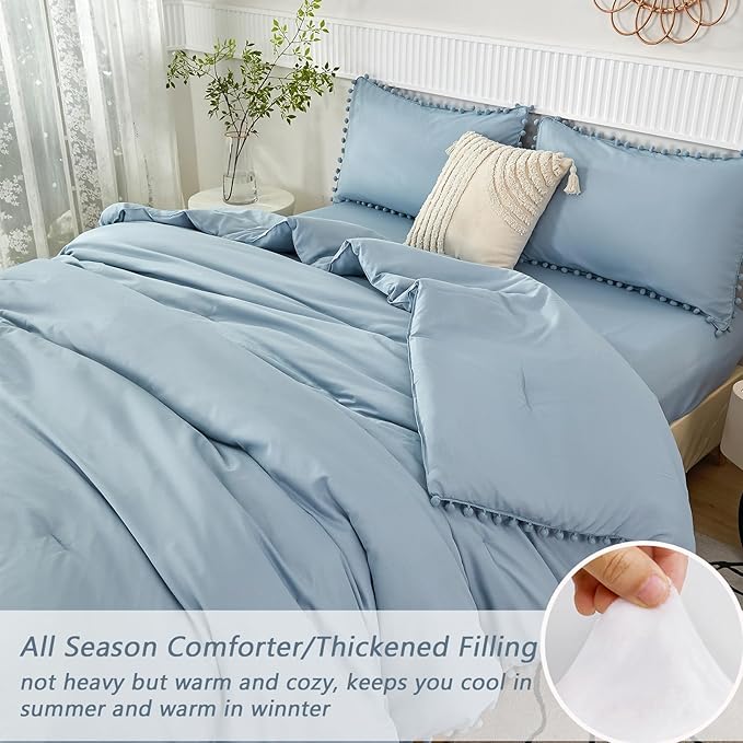 PERFEMET Full Pom Pom Comforter 5 Pieces Aesthetic Grayish Blue Pom Bed in A Bag Soft Fluffy Blue Solid Bedding Sheets and Comforter for Boys Kids(Grayish Blue, Full)