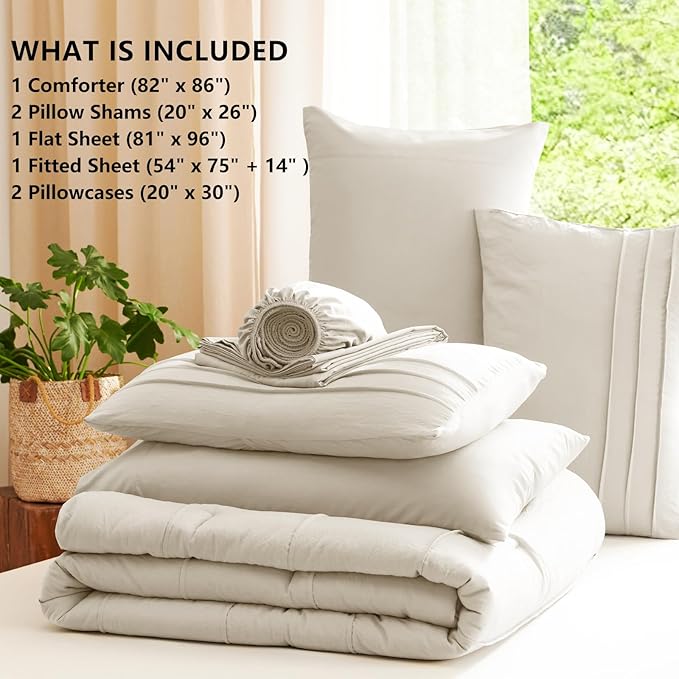 CozyLux Full Size Comforter Sets Beige, 7 Pieces Soft Pinch Pleat Bed in a Bag Full Comforter Set with Sheets, Boho Bed Set with Down Alternative Comforter, Sheets, Pillowcases & Shams
