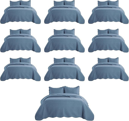 MOONLIGHT20015 Queen Quilt Bedding Set (90" x 96") - Bulk Pack of 10 Wholesale for Hotels, Guest Bedroom & Airbnbs - Lightweight Microfiber Reversible Embossed Quilts Bedspreads (Washed Blue)