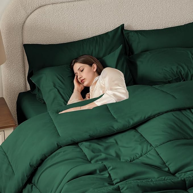 Anluoer Full Comforter Set 7 Piece, Emerald Green Bed in a Bag with Sheets, Comforters Full Size Bedding Sets with 1 Comforter, 2 Pillow Shams, 2 Pillowcases, 1 Flat Sheet,1 Fitted Sheet