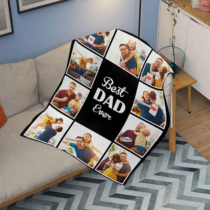 Custom Blankets with Photos, 10 Photos Customized, Best Dad Ever Blanket Gifts for Father's Day, Customized for Dad, 8 Sizes