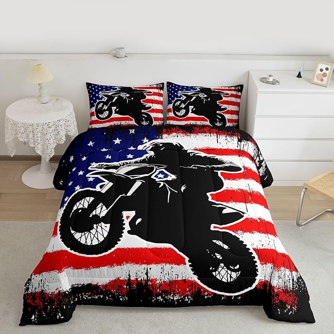 Dirt Bike Comforter Set King Motocross Comforter Retro American Flag Bedding Set for Kids Boys Teens Men Grunge Room Decor,Extreme Sports Tie Dye Bed Set Motor Biker Motorcycle Quilt Duvet Set 3 Pcs