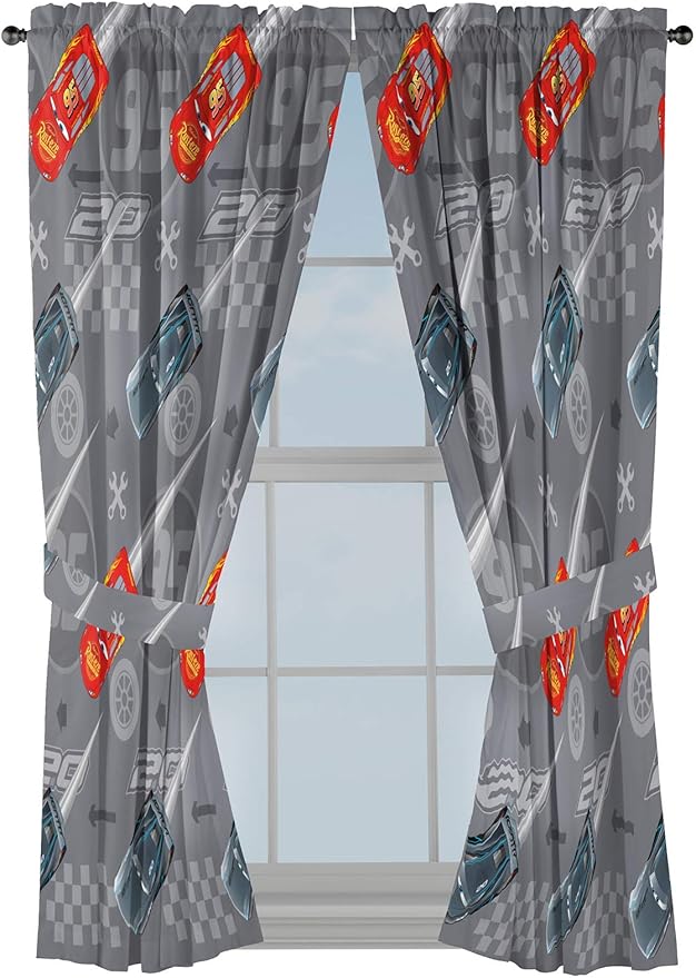 Jay Franco Disney Pixar Cars Lighnting Speed 63" Inch Drapes - Beautiful Room Decor & Easy Set Up, Bedding Features Lightning McQueen - Curtains Include 2 Tiebacks, 4 Piece Set (Official Product)