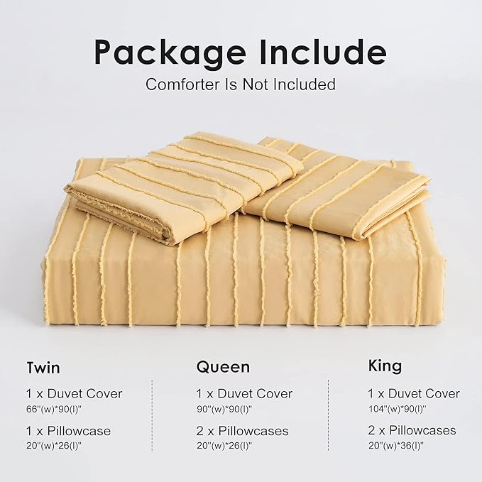 WARMDERN Yellow Boho Duvet Cover, Striped Textured Duvet Cover Tufted Bedding Set, 2 Piece Twin Size Washed Microfiber Duvet Cover with Zipper Closure & Corner Ties(Twin, Yellow)