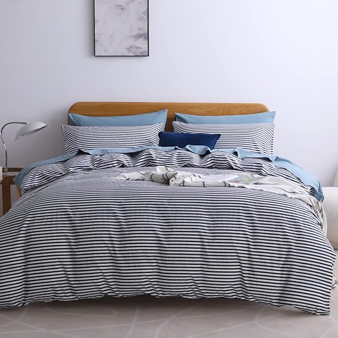 JELLYMONI 100% Natural Cotton 3pcs Striped Duvet Cover Sets,White Duvet Cover with Navy Blue Stripes Pattern Printed Comforter Cover,with Zipper Closure & Corner Ties(Cal King Size)