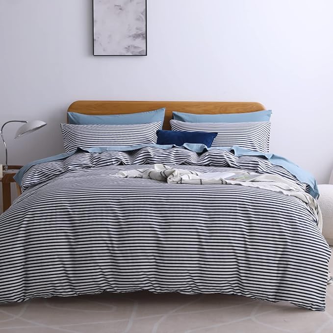 JELLYMONI 100% Natural Cotton 3pcs Striped Duvet Cover Sets,White Duvet Cover with Navy Blue Stripes Pattern Printed Comforter Cover,with Zipper Closure & Corner Ties(King Size)