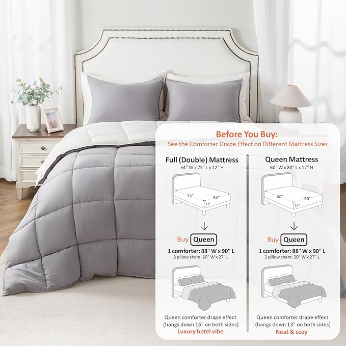KASENTEX Queen Comforter Set – Reversible Dual Color – Goose Down Alternative – Ultra-Soft, Lightweight, Machine Washable, Maintain Fluffiness, All Season Warmth (Gull/Jet Stream)