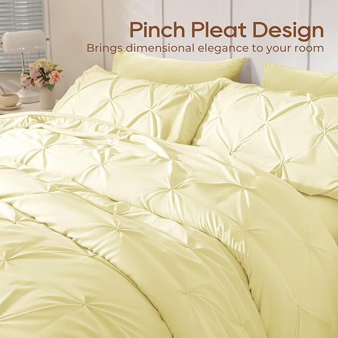 Sasttie Twin Comforter Set, 5-Piece Bed in a Bag, Pintuck Bedding Sets for All Season, Includes Comforter, Flat Sheet, Fitted Sheet, Pillowcase and Pillowsham, Cream Yellow