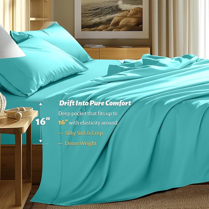 Shilucheng 100% Egyptian Cotton Queen Size Sheets Set - 1000 Thread Count，Luxury Cotton Bed Sheets，Breathable & Cooling Bedding and Pillow Cases, 16 Inch Deep Pocket - 4 Piece (Seafoam, Queen)