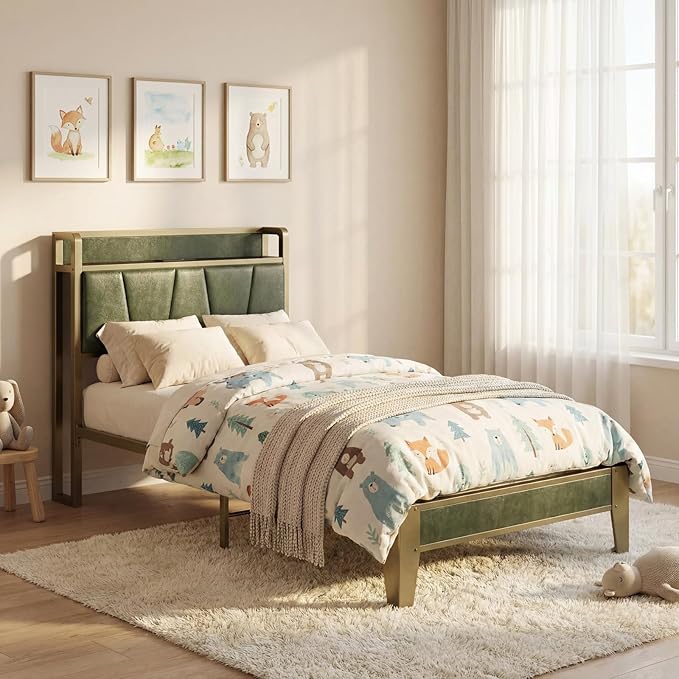 LIKIMIO Twin XL Bed Frame, Storage Headboard with Charging Station, Solid and Stable, Noise Free, No Box Spring Needed, Easy Assembly (Dark Green)