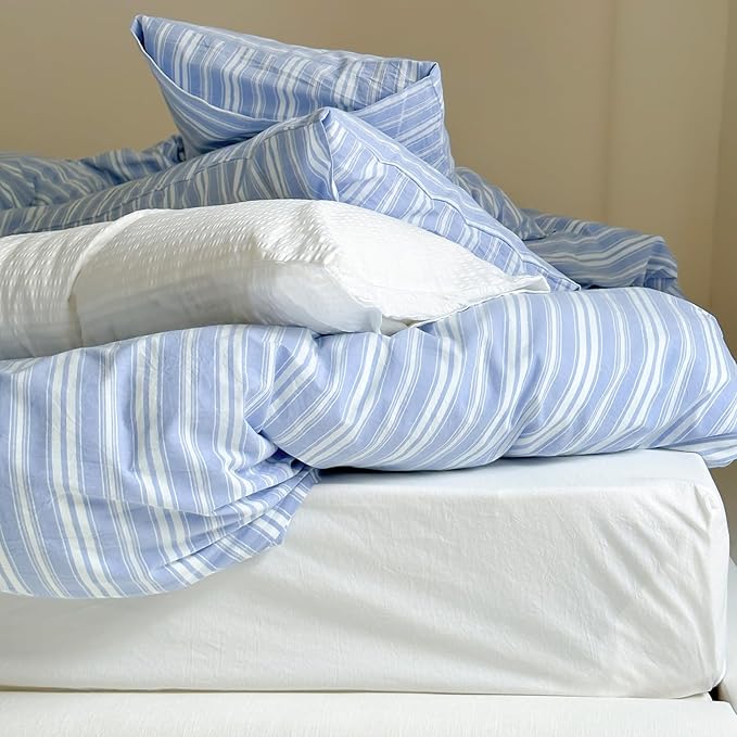 Blue Striped Duvet Cover Set Full, Stripes Pattern Printed 100% Washed Cotton Bedding Set, Minimalist Blue White Striped Comforter Cover with 2 Pillowcases, 3 Pieces Soft Breathable Duvet Cover Full