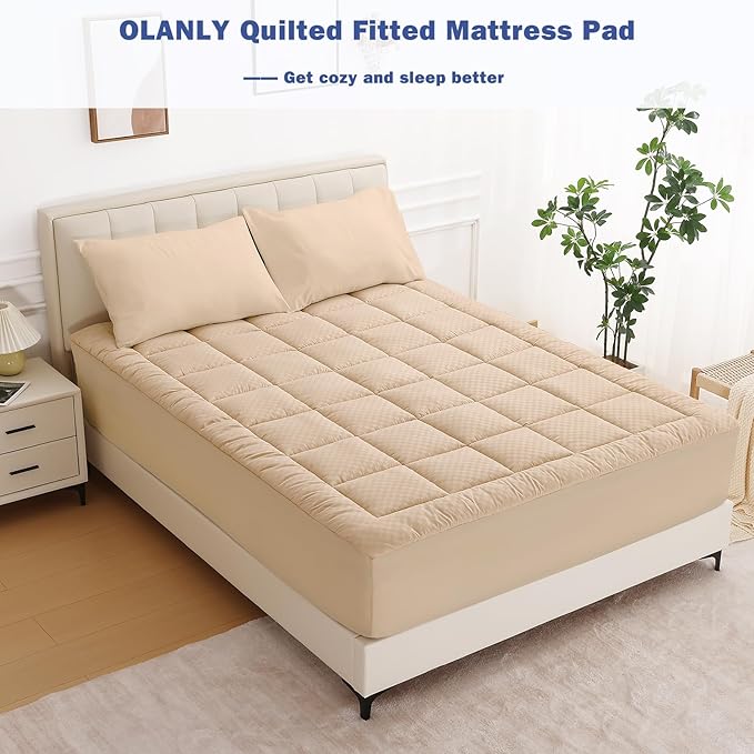 OLANLY Twin XL Quilted Fitted Mattress Pad, Elastic Fitted Mattress Topper, Cooling Soft Mattress Cover Stretches up to 21 Inches Deep, Machine Washable Mattress Protector (39x80 inch, Beige)