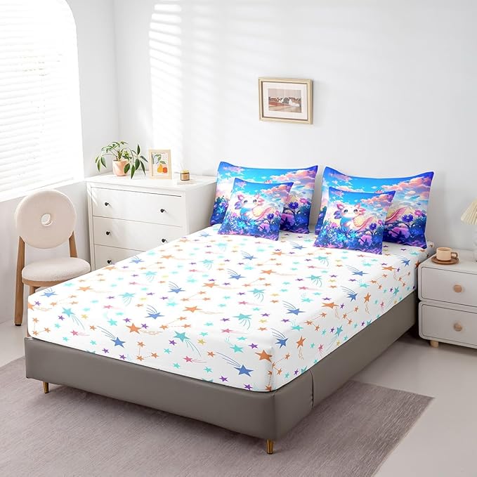 Feelyou Kids Cute Axolotl 7 Pieces Bedding Set Full Size, Cartoon Animal Comforter Set with Sheets Boys Girls Kawaii Ocean Sealife Bed in A Bag Floral Teens Bed Set Bedroom Decor 7Pcs