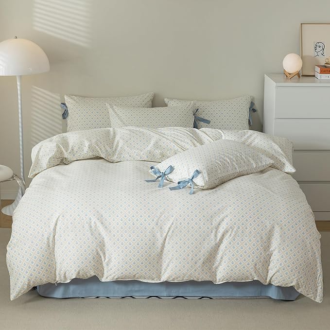 Girls Duvet Cover Twin Blue Floral Chic Bedding Set Soft Cotton 3 Piece with 2 Bow Ties Pillowcases Coquette Bedding Princess College Dorm Duvet Cover Set Twin Size for Teens French Country Style