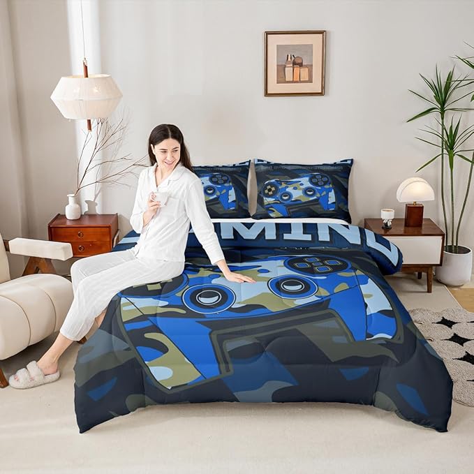 Feelyou Boys Gaming Comforter Set Toddler Size Teens Gamer Bedding Set Retro Blue Camouflage Video Game Controller Comforter for Kids Youth Bedroom Decor Gamer Console Action Buttons Duvet Set