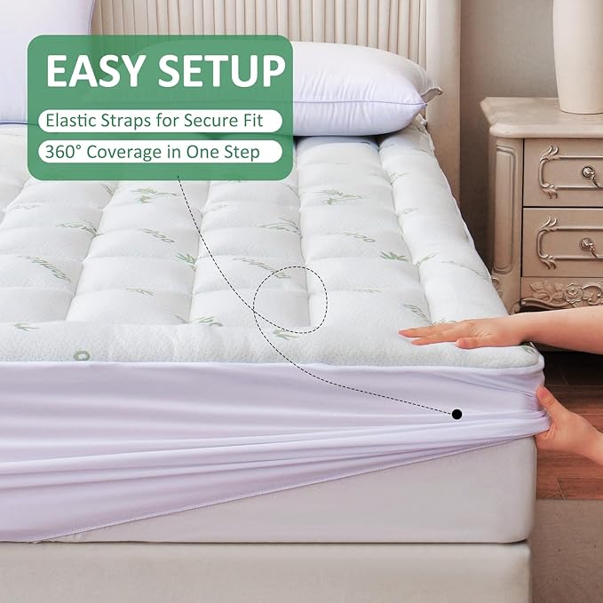 oaskys Mattress Topper Full Size - Cooling Extra Thick Breathable Viscose Made from Bamboo Mattress pad - Soft Quilted Fitted Mattress Cover with Down Alternative Fill (8-21”Deep Pocket)