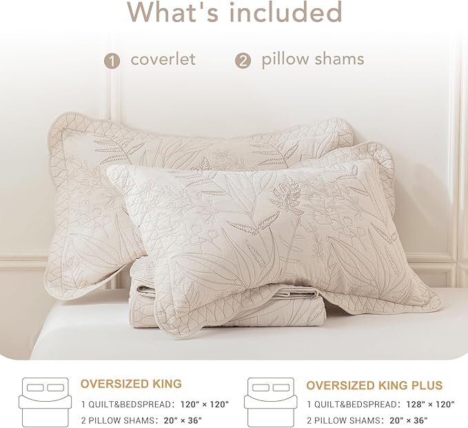 Lady Ann Oversized King Quilt Set 128x120, 3Pcs Botanical Leaves Print Bedspread Sets, Soft Lightweight Extra Large Wheat Coverlet, All-Season Bedding Comforter