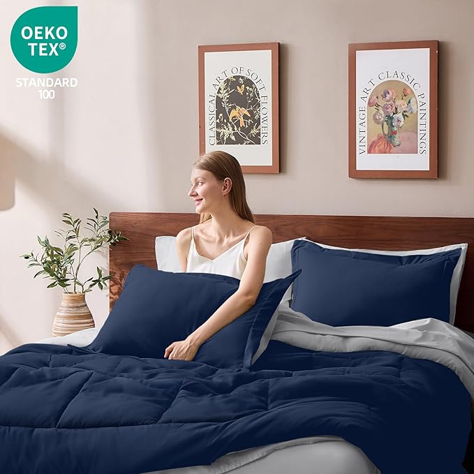 FUANNA King Size Comforter Set 7 Pieces, Reversible Bedding Sets with All Season Soft Comforter, Bed in a Bag Includes Comforter, Flat Sheet, Fitted Sheet, Pillowcases & Shams, Navy Blue & Light Grey