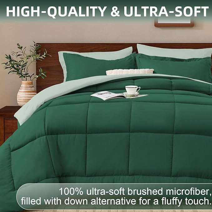 FUANNA Queen Comforter Set 7 Pieces, Reversible Bed in a Bag with All Season Soft Comforter, Bedding Sets Includes Comforter, Flat Sheet, Fitted Sheet, Pillowcases & Shams, Emerald Green & Sage Green