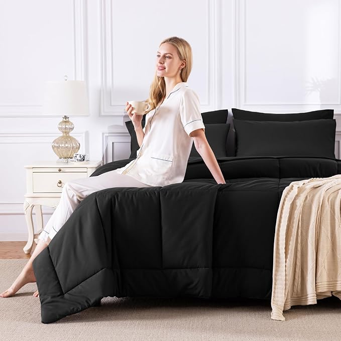 CozyLux Queen Comforter Set Black, 7 Pieces Bed in a Bag, Black Comforter Queen Size, All Season Bedding Sets with Stitch Quilted Comforter, Flat Sheet, Fitted Sheet, Pillowcases (Pack of 2)