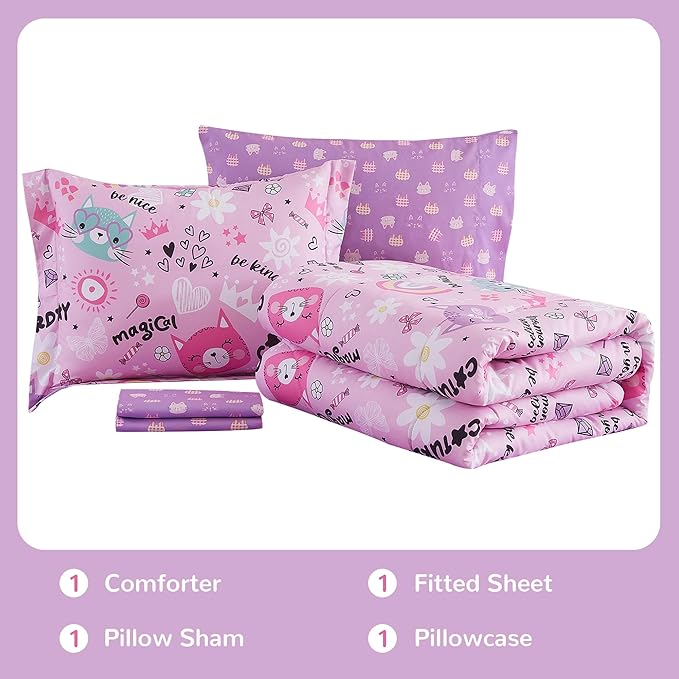 Viviland Kids Twin Bedding Sets for Girls, Soft Twin Comforter Set with Sheets, 5 Pieces Microfiber Bed in a Bag, Pink Cat Kitty