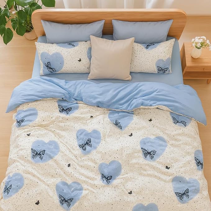 Cornflower Blue Duvet Cover Set Full Butterfly Reversible Bedding Microfiber Soft Lightweight Comforter Cover Pillowcases College Dorm Apartment Bedroom Decor Bedding Essentials Machine Washable