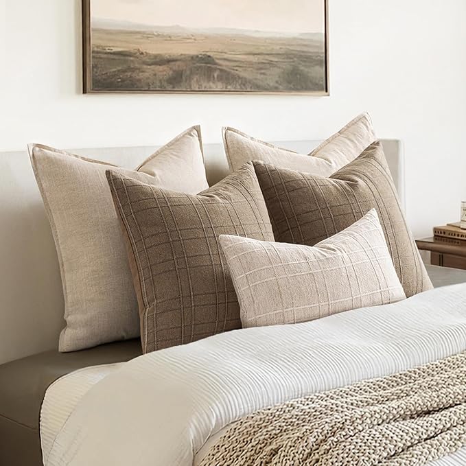 MIULEE Decorative Linen Check Lumar Throw Pillow Covers Neutral Farmhouse Vintage Pillow Covers 12x20 Set of 2 Boho Modern Home Decor for Sofa Couch Bedroom Cushion Natural Beige